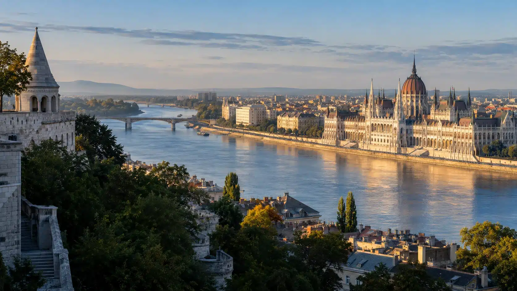 Illustratives Budapest-Panorama mit Donau und ungarischem Parlament